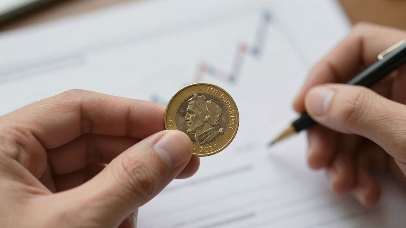 Hand hält Münze, Finanzdokumente im Hintergrund