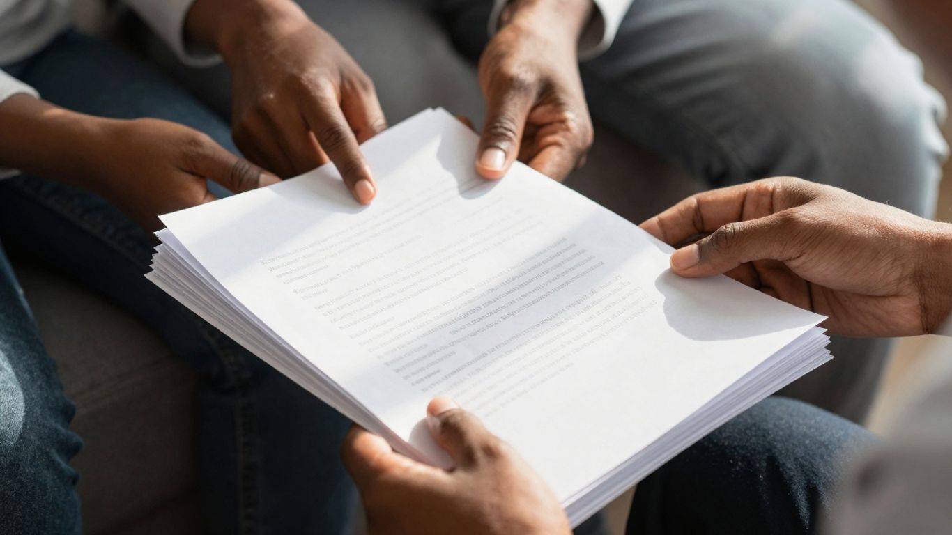 Familienhände halten Rechtsdokumente, Sonnenschein