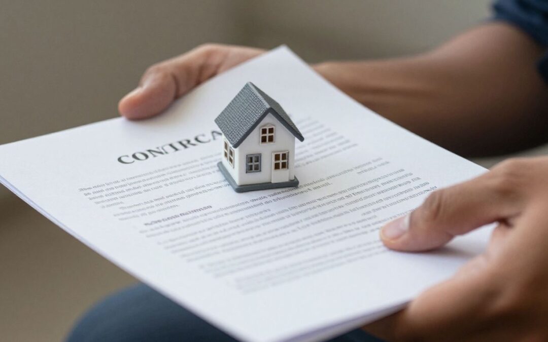 Hände halten Bausparvertrag mit kleinem Haus.