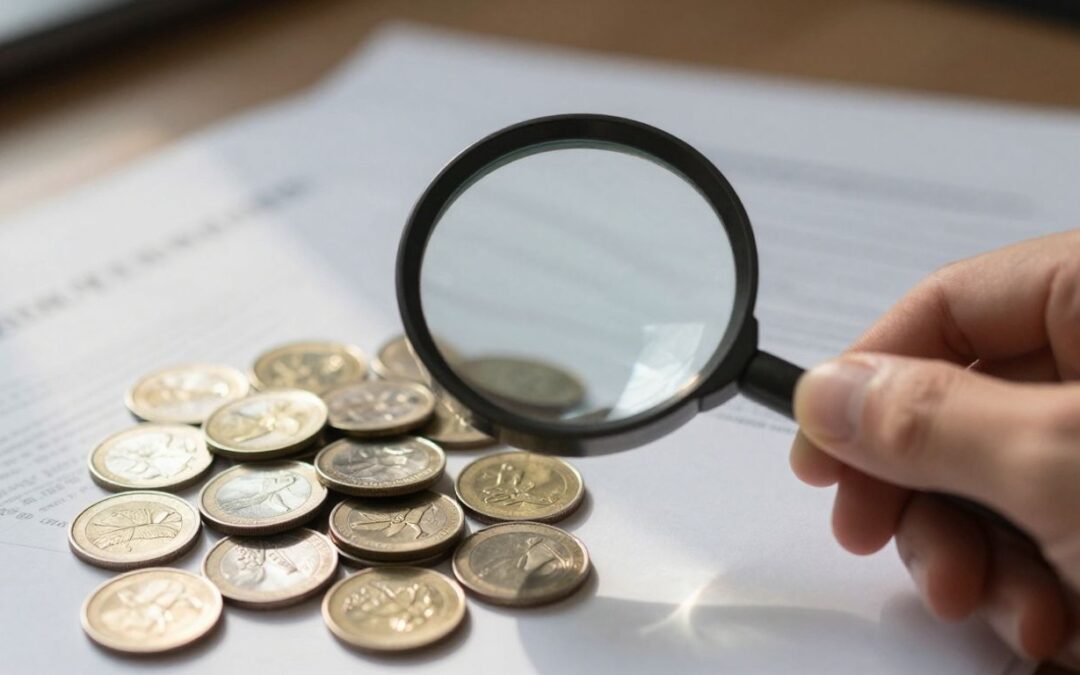 Lupe über Münzen und Dokument